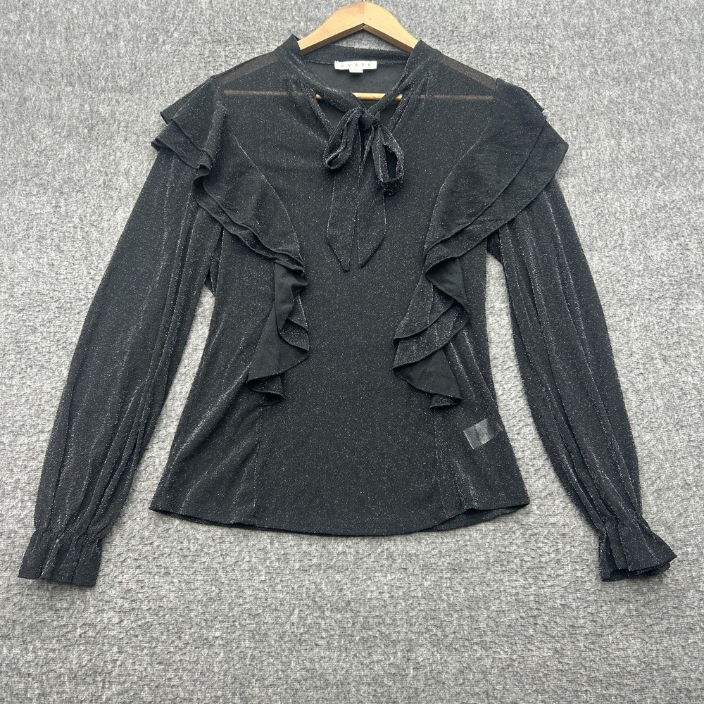 HYFVE Whimsigoth Black Shimmer Ruffle Blouse Tie Neck Sheer Metallic‎ Top M